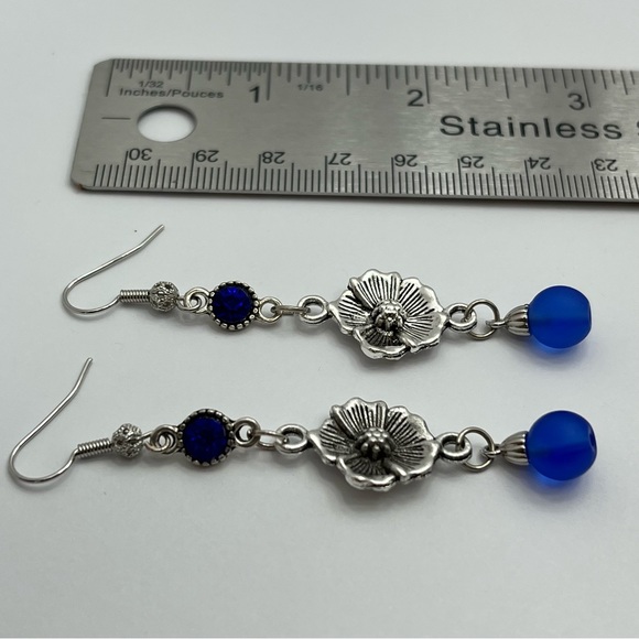 Silver Flower Blue Bead Rhinestone Handmade Dangle Earrings - Picture 3 of 3